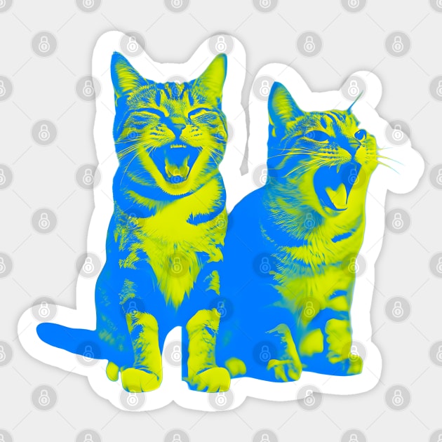 Laughing Cats - duotone blue and yellow Sticker by Ravenglow